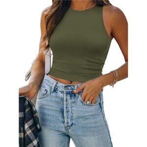 Womens Double Lined Crop Tank Tops Casual Basic Shirts Sleeveless Olive Green